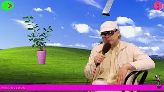 Hlib, deliberately over the top: cap, sunglasses, and a microphone in front of a green-screen rolling-hills backdrop